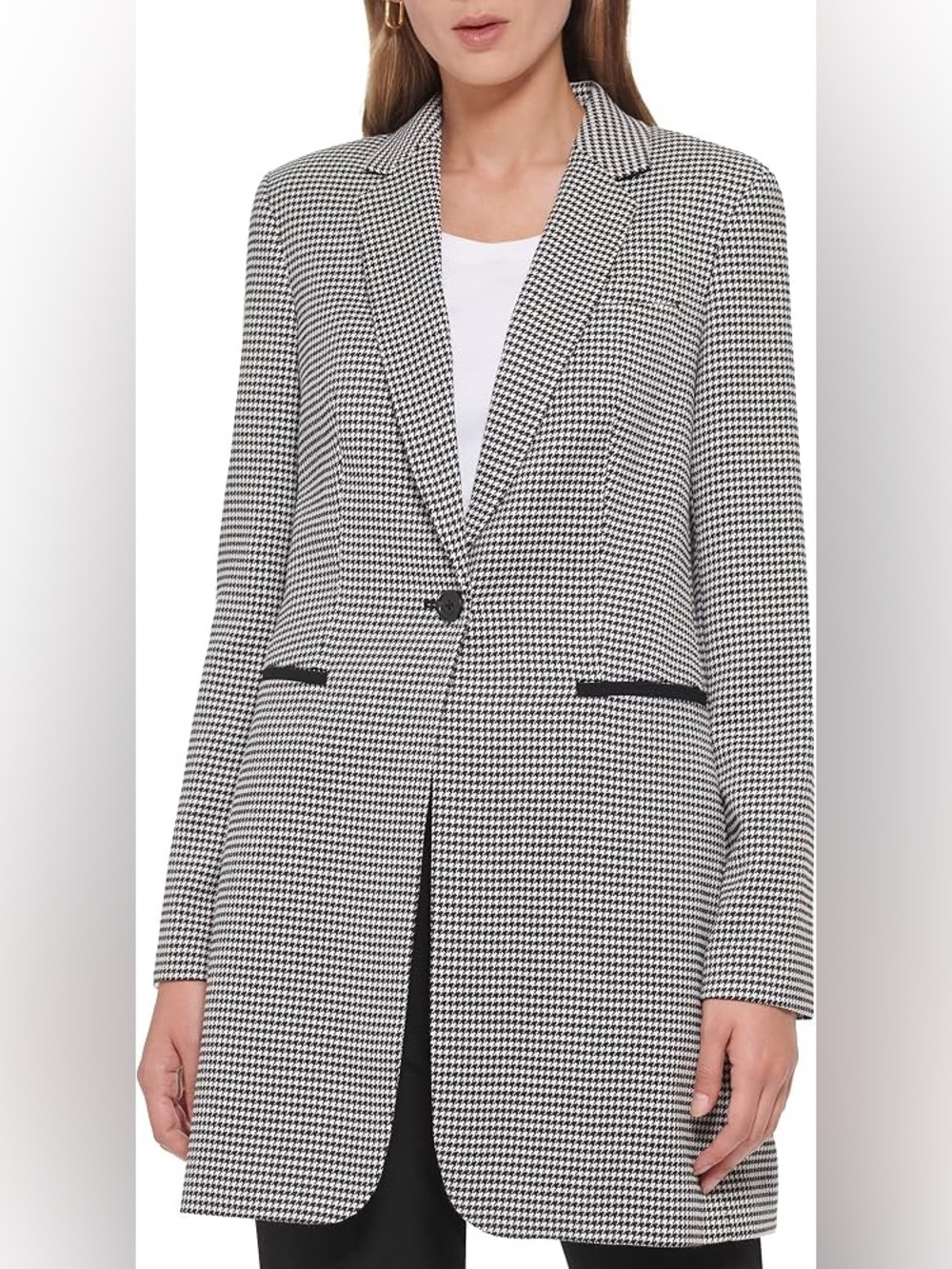 Tommy Hilfiger Black and White Houndstooth Long Blazer - Picture 2 of 6